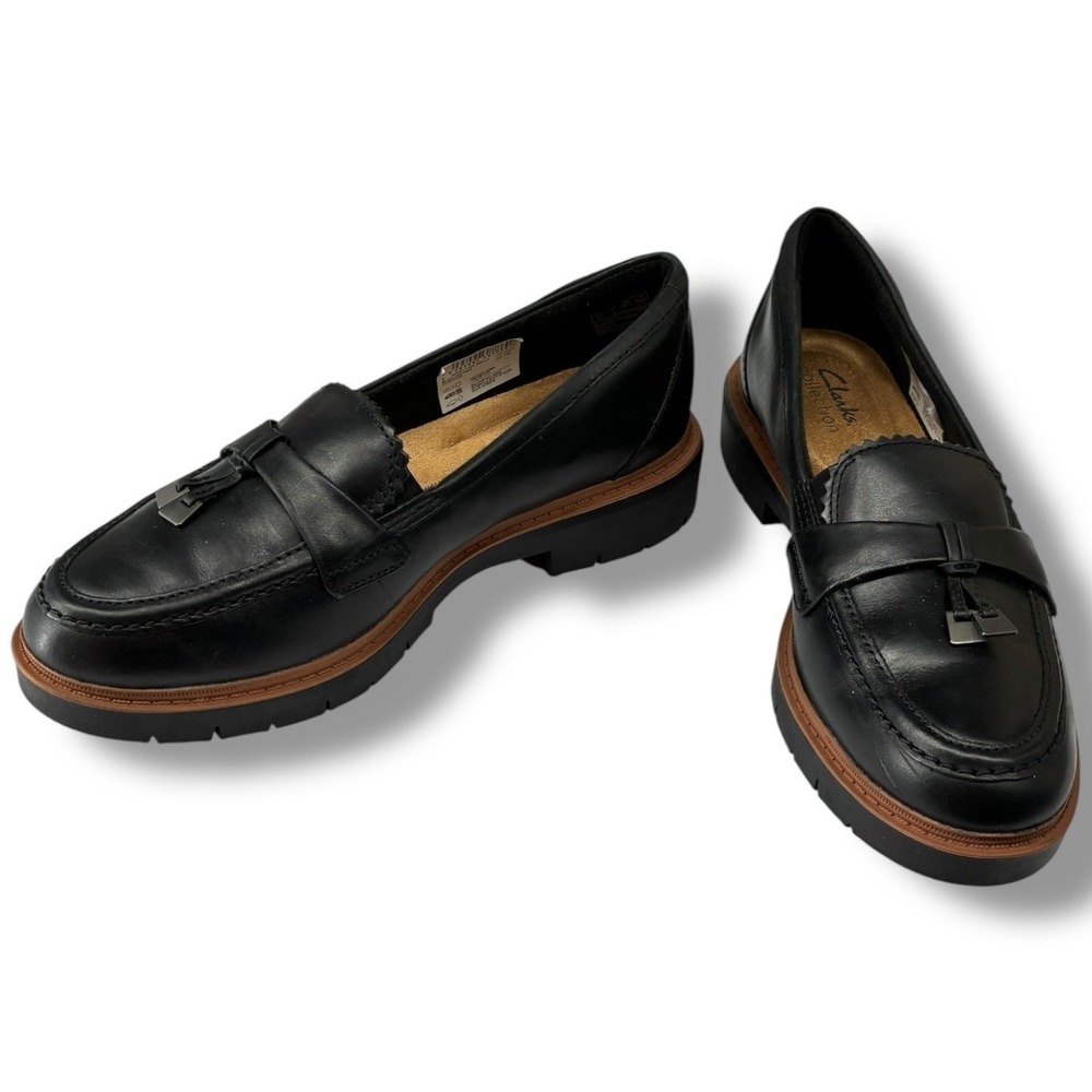 Clarks Westlynn Bella Black Leather Lug Sole‎ Loafers Hardware Comfort 9.5 M